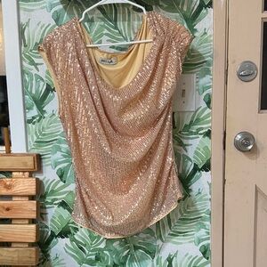 Grace Karin Rose Gold Sequin Drape Neck Sleeveless Top